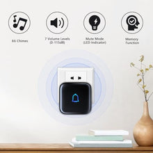 Load image into Gallery viewer, Wireless Doorbell 1000 Feet with 66 Chimes Waterproof 115dB 7 volume levels Mute Mode with LED Flash Doorbell Ringer Wireless for Kids Room Teachers Classroom Home Office &amp; Hearing-Impaired IP66, MiniBlackReceiversButton_860
