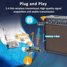 Load image into Gallery viewer, Wireless Guitar System 2.4GHz with Charging Case, Rechargeable Wireless Guitar Transmitter Receiver 4 Channels with Dual Plugs 3.5mm/6.35mm, Guitar Wireless System for Electric Guitar Bass, Black_1516
