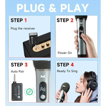 Load image into Gallery viewer, Wireless Microphones for Karaoke Machine, 2 Rechargeable Dynamic Microphones with Receiver, 200FT Wireless Range, 40H Battery Life, for PA Speaker, Amplifier, Church, Party, Speech and Singing, black_5189

