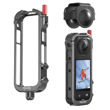 Load image into Gallery viewer, WOENJO Aluminum Frame Cage for Insta360 X4, Protective Case for Insta 360 X4 Accessories, with 1/4" Threads, Cold Shoe Mount, Folding Fingers, Silicone Lens Cap, black_1
