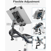 Load image into Gallery viewer, woleyi Metal Tablet Holder Mount for Spin Bike, Peloton, Treadmill Handlebar Clamp, Stationary Bicycle, Indoor Exercise Bike, Elliptical, Stroller for 4-13" iPad Pro Air Mini, Galaxy Tab Z Fold, Phone, Black_3323
