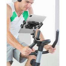 Load image into Gallery viewer, woleyi Metal Tablet Holder Mount for Spin Bike, Peloton, Treadmill Handlebar Clamp, Stationary Bicycle, Indoor Exercise Bike, Elliptical, Stroller for 4-13" iPad Pro Air Mini, Galaxy Tab Z Fold, Phone, Black_3325
