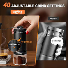 Load image into Gallery viewer, World's First 60g Large Capacity Manual Coffee Grinder, Portable Hand Coffee Bean Mill with 40 Adjustable Settings, Stainless Steel Burr Grinder for Pour Over, Camping, Travel, Gift, etc (Black), MEGAPROBlack_5239
