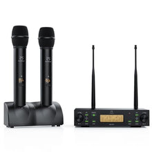 Load image into Gallery viewer, Xiao Meng Yi Wireless Microphone System, 2x100 UHF Dual-Channel Rechargeable Handheld Dynamic Microphone, Auto Scan, Suitable for Singing, Karaoke, Wedding, Performance, Black_1

