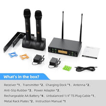 Load image into Gallery viewer, Xiao Meng Yi Wireless Microphone System, 2x100 UHF Dual-Channel Rechargeable Handheld Dynamic Microphone, Auto Scan, Suitable for Singing, Karaoke, Wedding, Performance, Black_5143
