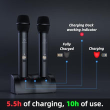 Load image into Gallery viewer, Xiao Meng Yi Wireless Microphone System, 2x100 UHF Dual-Channel Rechargeable Handheld Dynamic Microphone, Auto Scan, Suitable for Singing, Karaoke, Wedding, Performance, Black_5145
