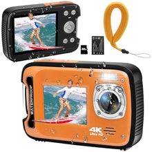 Load image into Gallery viewer, YEEIN Underwater Camera 4K 48MP Autofocus Selfie Dual Screen Waterproof with Floating Strap and 32GB Card, 17FT Compact Waterproof Digital Camera for Snorkeling, Orange_1
