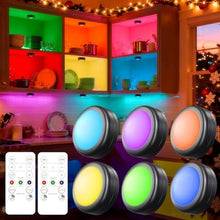 Load image into Gallery viewer, Yiliaw 6 Pack LED Puck Lights Remote Control 16 Color Changeable Under Cabinet Lights, Battery Operated Lights Night Light with Dimmer &amp; Timmer for Closet Bedroom Kitchen, Black_1

