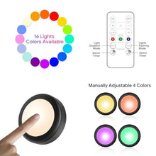 Load image into Gallery viewer, Yiliaw 6 Pack LED Puck Lights Remote Control 16 Color Changeable Under Cabinet Lights, Battery Operated Lights Night Light with Dimmer &amp; Timmer for Closet Bedroom Kitchen, Black_377
