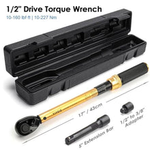 Load image into Gallery viewer, YIYEIE 1/2-Inch Drive Torque Wrench, 10-160 FT.LB (10-227 Nm), 72-Tooth Professional Click Torque Wrench Set with 3/8 Adapter &amp; Extension Bar, Lug Nut Torque Wrench for Car Tire &amp; Wheel, pcsFtlbNm_6682
