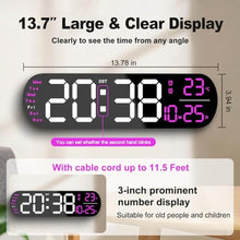 Load image into Gallery viewer, YUANRANER 13.7" Large Digital Wall Clock Remote Control, Dual Alarm, Big LED Display, Auto-Dimming, RGB Night Light, Auto DST Bedroom, Living Room, Office, Purple, DisplaypurpleDigit_708
