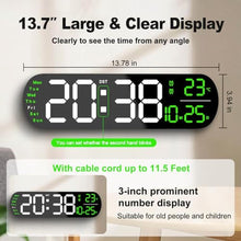 Load image into Gallery viewer, YUANRANER 13.7" Large Digital Wall Clock Remote Control, Dual Alarm, Big LED Display, Auto-Dimming, RGB Night Light, Auto DST Bedroom, Living Room, Office, Purple,Green, DisplaygreenDigit_421
