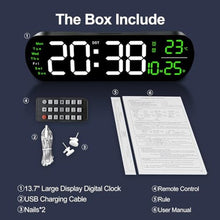 Load image into Gallery viewer, YUANRANER 13.7" Large Digital Wall Clock Remote Control, Dual Alarm, Big LED Display, Auto-Dimming, RGB Night Light, Auto DST Bedroom, Living Room, Office, Purple,Green, DisplaygreenDigit_424
