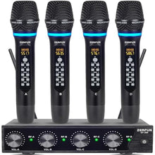 Load image into Gallery viewer, ZERFUN 4 Channel Rechargeable Wireless Microphone System, Pro UHF Metal Handheld Wireless Microphones Cordless Mics with Echo Treble BASS VOL Channel Control for Karaoke Singing Church(GT-200), Black_1
