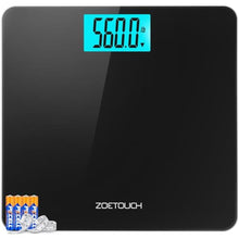 Load image into Gallery viewer, ZOETOUCH 560lbs Bathroom Scale for Body Weight, Extra Wide Oversized 12.9" Platform, Large 4.2" LCD Display, High Accuracy Digital Weighing Machine with Heavy Duty Tempered Glass for Bariatric Seniors, Black_1
