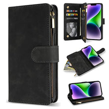 Load image into Gallery viewer, ZZXX for iPhone 14 Plus Case Wallet with [RFID Blocking] Card Slot Premium Soft PU Leather Zipper Flip Folio with Wrist Strap Kickstand Protective Cover for iPhone 14 Plus Wallet Case(Black-6.7 inch)_1
