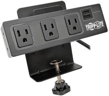 Load image into Gallery viewer, Tripp Lite 3 Outlet Surge Protector Power Strip with Desk Clamp, 10ft. Cord, 510 Joules, 2 USB Charging Ports, Black, $20K Insurance &amp; Lifetime Warranty (TLP310USBC)
