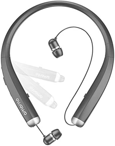 Bluetooth Headphones, AMORNO Foldable Wireless Neckband Headset with Retractable Earbuds, Sports Sweatproof Noise Cancelling Stereo Earphones with Mic (Grey)