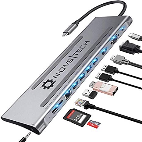 NOV8Tech USB C Hub Docking Station, 11-in-1 Type C Dock for M1 MacBook Pro Air 2021-2016 & USB C Laptops, Triple Display 4K HDMI & VGA, 100W USB-C PD, Gigabit Ethernet, SD/Micro SD, 4XUSB 3, Audio/Mic