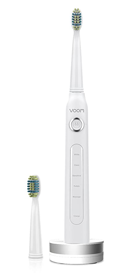 Voom Sonic Pro 5 Rechargeable Electronic Toothbrush With Soft Dupont Nylon Bristles Dentist Recommended Advanced Oral Care 2-Minute Timer with Quadrant Pacing & 5 Adjustable Speeds - White