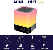 Load image into Gallery viewer, Aisuo Night Light-5 in 1 Bedside Lamp with Bluetooth Speaker,12/24H Digital Calendar Alarm Clock,Touch Control &amp; 4000mAh Battery,Support TF and SD Card,Music Player,Room Decor .
