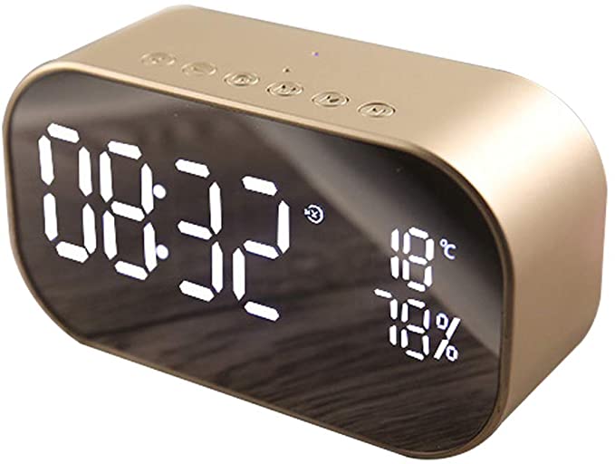 Wireless Bluetooth Speaker Clock,Digital Mirror Radio Alarm Clock USB Charging Port AUX TF Card Play Display for Bedside Bedroom(Gold)