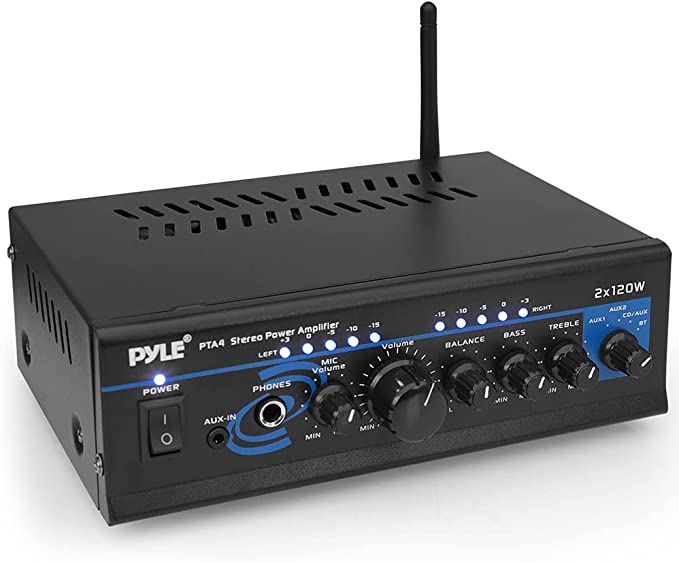 Home Audio Power Amplifier System - 2X120W Mini Dual Channel Mixer Sound Stereo Receiver Box w/ RCA, AUX, Mic Input - For Amplified Speakers, PA, CD Player, Theater, Studio Use - Pyle PTA4 Black