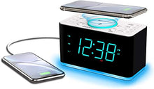 Load image into Gallery viewer, Emerson Radio ER100401 Smartset Alarm Clock Radio, 15Watt Ultra Fast Wireless Charging Dual Alarm Clock Radio with Bluetooth Speaker, USB Charger, Cyan LED Night Light and 1.4&quot; Display , Black
