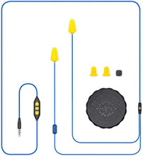 Load image into Gallery viewer, Plugfones Guardian Plus in-Ear Earplug Earbud Hybrid - Noise Reduction in-Ear Headphones with Noise Isolating Mic and Controls (Orange &amp; Blue)
