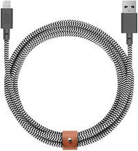 Load image into Gallery viewer, Native Union Belt Cable XL - 10ft Ultra-Strong Reinforced Durable USB-C to Lightning [MFi Certified] Charging Cable with Leather Strap Compatible with iPhone/iPad (Zebra)
