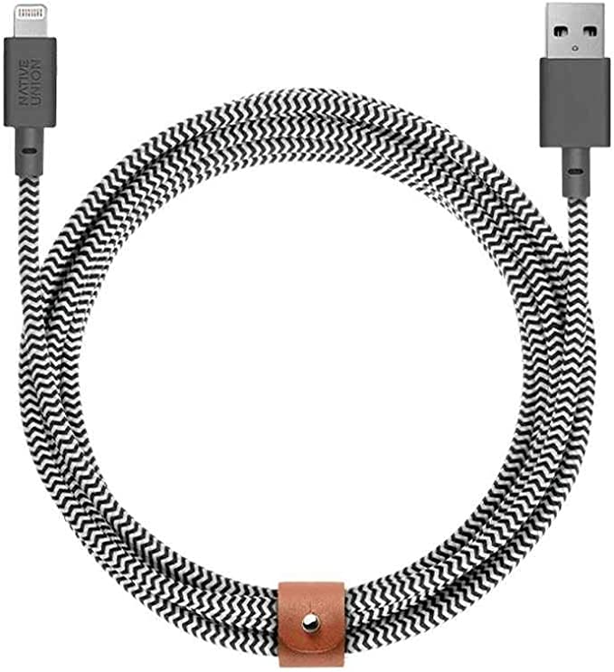 Native Union Belt Cable XL - 10ft Ultra-Strong Reinforced Durable USB-C to Lightning [MFi Certified] Charging Cable with Leather Strap Compatible with iPhone/iPad (Zebra)