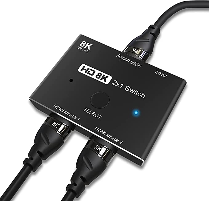 CABLEDECONN HDMI Ultra HD 8K 2.1 High Speed 48Gbps Directional Switch Only 2in 1out 8K@60Hz 4K@120Hz Converter Compatible with Xbox PS5 Projectors Monitors