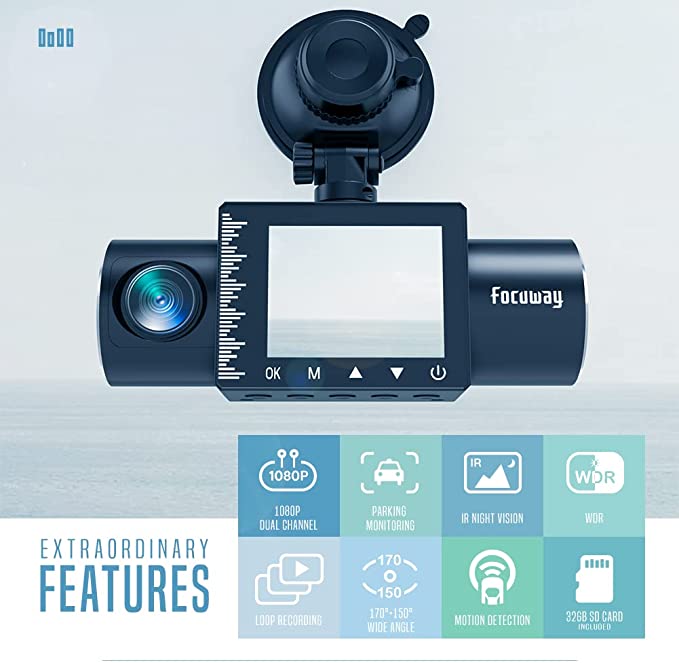 iiwey Dash Cam Front Rear and Inside 1080p Three Channels with IR Night Vision Car Camera SD Card Included Dashboard Camera Dashcam for Cars HDR