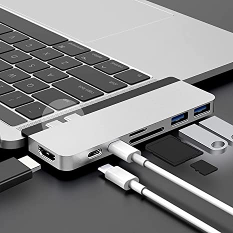 HyperDrive USB C Hub, Sanho Duo 7-in-2 USB-C Adapter for MacBook Pro Air with Magnetic Grip Thunderbolt 3 USB-C 40Gbps 100W PD USB-A 3.1 4K60Hz HDMI SD MicroSD, Silver