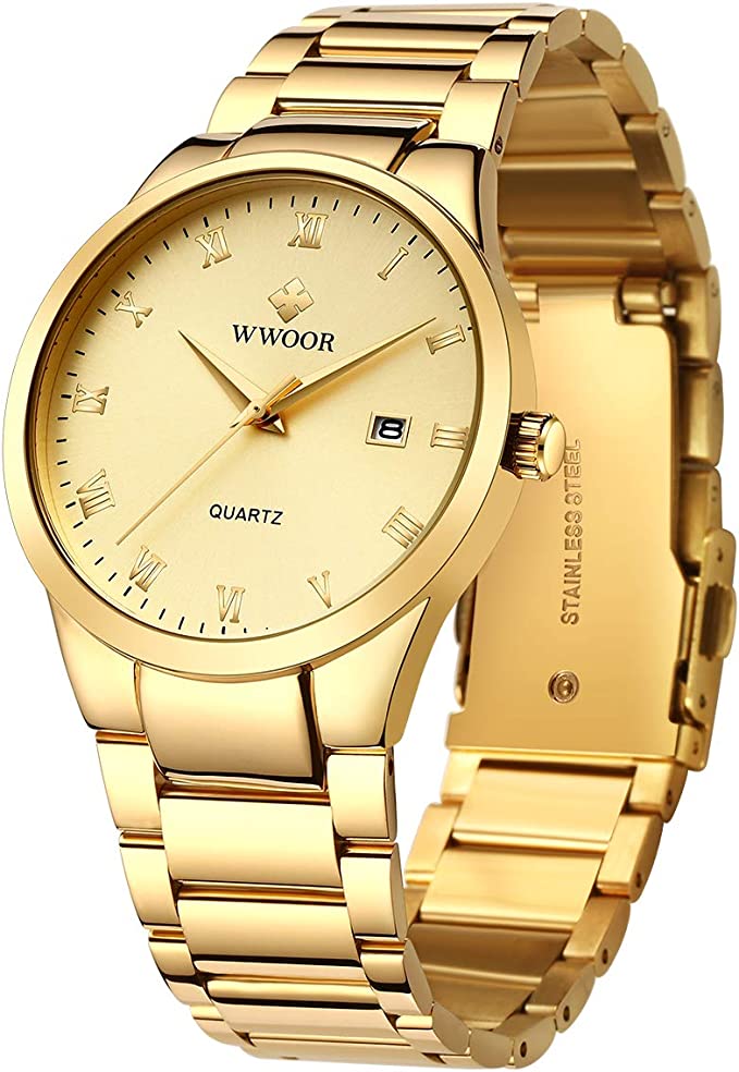 WWOOR Watches for Men Quartz Stainless Steel Metal Black Gold Waterproof Casual Wrist Watch with Date