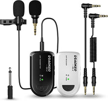 Load image into Gallery viewer, Wireless Lavalier Lapel Microphone, 65-130ft Range, Plug?Play, UHF Rechargeable Transmitter Receiver Condenser Wireless Mic System, for iPhone, Camera, Smartphone, YouTube
