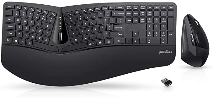 Perixx Periduo-605, Wireless Ergonomic Split Keyboard and Vertical Mouse Combo, Adjustable Palm Rest and Membrane Low Profile Keys, Black, US English Layout (11633)