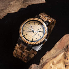 Load image into Gallery viewer, BOBO BIRD Week and Date Multi-Functional Display Men&#39;s Zebra Wooden Quartz Watch Lightweight Handmade Casual Wristwatches with Gift Box
