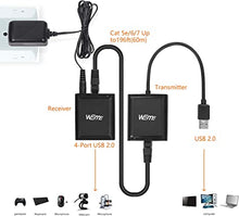 Load image into Gallery viewer, WEme USB Extender, 4-Port USB 2.0 Ethernet Extender Hub Over Cat5/ Cat5e/ Cat6 Cable Connection up to 60Meters/196FT, RJ45 Lan Extension with Power Adapter for Logitech Webcam, Camera, Speakerphone
