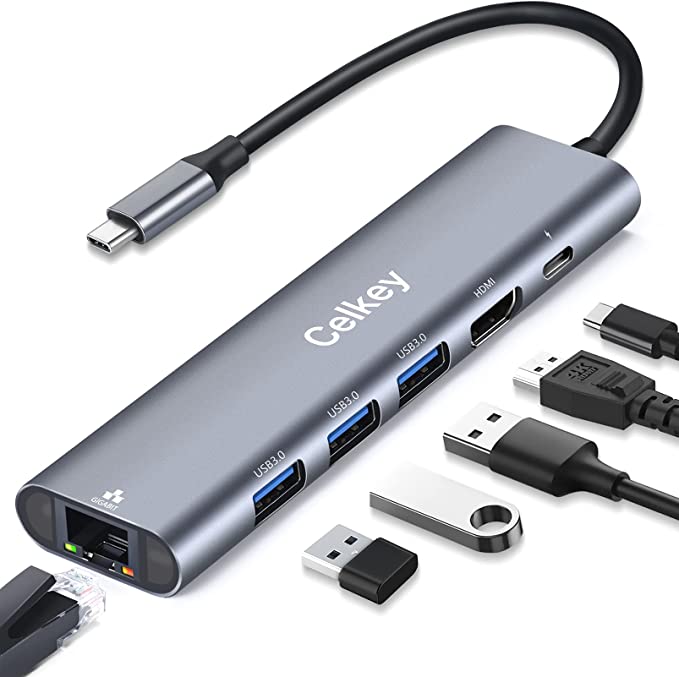 USB C Hub Multiport Adapter Celkey 6 in 1 USB-C Hub with 4K HDMI,1Gbps Ethernet,100W PD Charging, 3 USB 3.0 Port Portable for MacBook Pro/Air,Chrome Book,iPad Pro, XPS and More Type C Devices