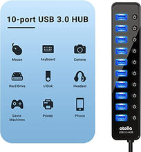 Load image into Gallery viewer, Powered USB 3.0 Hub, atolla 10 Ports USB Data Hub Splitter with Individual ON/Off Switches and 12V/2.5A Power Adapter USB Extension for Mouse, Keyboard, Hard Drive or More USB Devices
