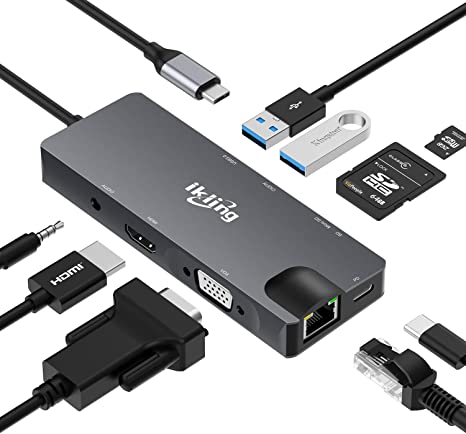 USB C Hub, 9-in-1 USB C Adapter with 4K USB C to HDMI,VGA, USB C Charging, 2 USB 3.0, SD/TF Card Reader, USB C to 3.5mm, Gigabit Ethernet, USB C Dock Compatible Apple MacBook Pro 13/15 (Thunderbolt 3)