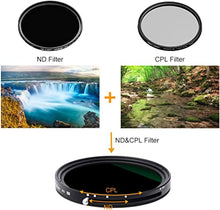Load image into Gallery viewer, K&amp;F Concept 58mm Variable Fader ND2-ND32 ND Filter and CPL Circular Polarizing Filter 2 in 1 for Camera Lens No X Spot Weather Sealed
