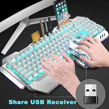 Load image into Gallery viewer, Wireless Keyboard and Mouse,Blue LED Backlit Rechargeable Keyboard Mouse with 3800mAh Battery Metal Panel,Removable Hand Rest Mechanical Feel Keyboard and 7 Color Gaming Mute Mouse for PC Gamers
