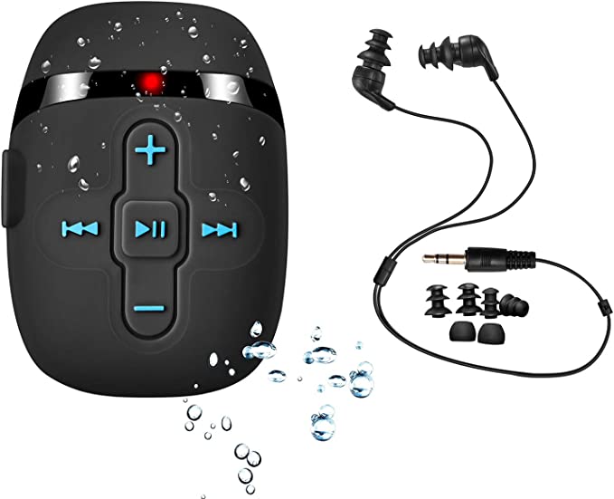 SEWOBYE Waterproof MP3 Player for Swimming and Running, Underwater Headphones with Short Cord, Shuffle Feature