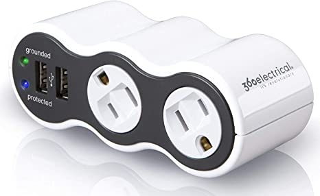 360 Electrical 36053-2CA6ES-R2 Mini Surge Protector, 2-Outlet + 2-USB, White and Gray