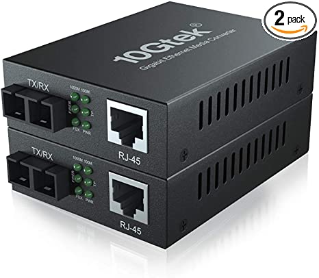 Gigabit Ethernet Media Converter, Single Mode Dual SC Fiber, 1000Base-LX to 10/100/1000Base-Tx, up to 20km, Pack of 2