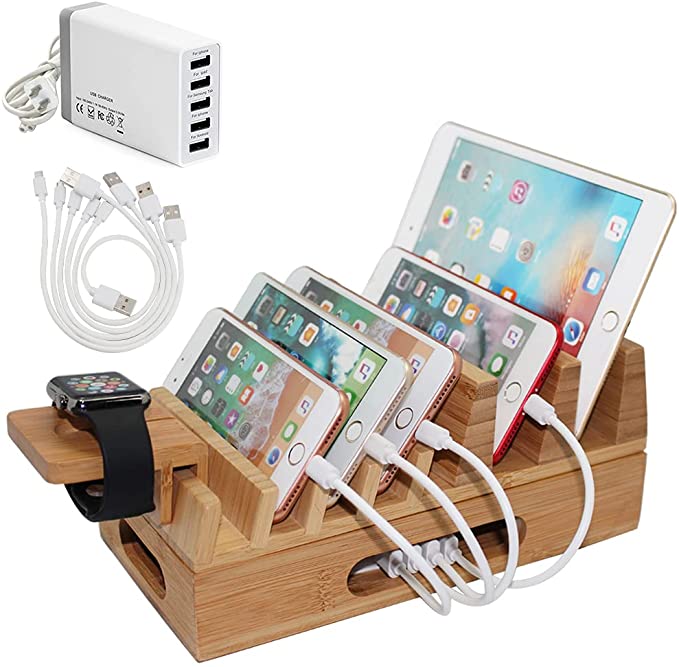 Pezin & Hulin Bamboo Charging Station Holder with 5 Port USB Charger, Watch Stand, 5 x Charge Cable, Wood Docking Stand Electronic Organizer for Multiple Devices, Phones, Tablets, Laptop and More
