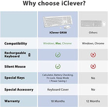 Load image into Gallery viewer, iClever GK08 Wireless Keyboard and Mouse - Rechargeable Wireless Keyboard Ergonomic Full Size Design with Number Pad, 2.4G Stable Connection Slim Keyboard and Mouse for Windows, Mac OS Computer
