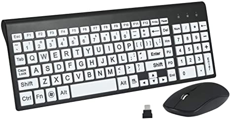 Full Size Large Print 2.4g Wireless Keyboard and Mouse with Oversized Print for Kids Visually Impaired Low Vision Individuals